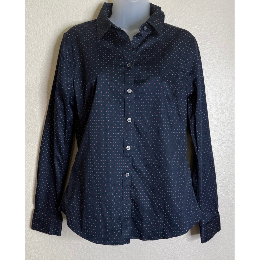 Banana‎ Republic Womens 12 Button Down Shirt Navy Pink Non Iron Polka Dot Print